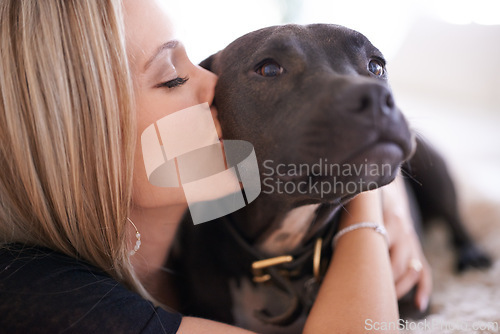 Image of Love, kiss or woman and dog in a house with trust, care and bonding at home together. Pets, face and female person relax with pitbull puppy hug in living room for security, attention or foster safety