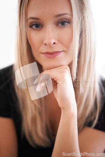 Image of Portrait, woman and thoughts with hand on chin, thinking and planning in living room. Female person, reflect and contemplating idea for future plans with face smile at home or apartment or house