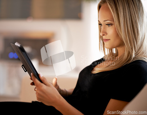 Image of Search, tablet and woman on sofa with internet, scroll or social media, ebook or streaming at home. Digital, app or female person in a living room online with google it, sign up or netflix and chill