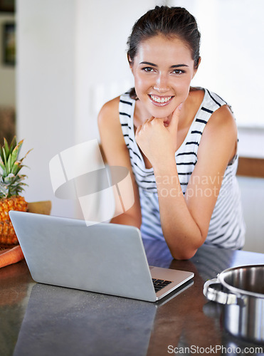 Image of Kitchen, portrait and woman search with laptop for cooking, recipe and tutorial guide for dinner. Happy, chef and girl typing on computer and learning from blog about nutrition, diet and information