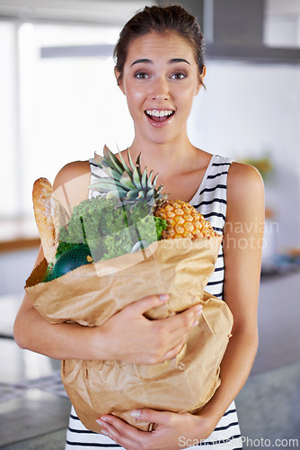 Image of House, surprise or portrait of woman with groceries on promotion, sale or discounts deal on nutrition. Wow, delivery offer or shocked lady buying healthy food for cooking organic fruit or diet choice