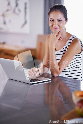 Image of Kitchen, portrait and woman search with laptop for recipe, guide and online tutorial for dinner. Happy, chef and girl typing on computer and learning from blog about nutrition, diet and information