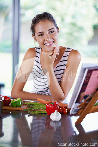 Image of Cooking, vegetables and portrait of woman in kitchen for lunch, dinner and supper for healthy eating. Nutrition, home and happy person with food, ingredients and recipe for wellness, diet and meal