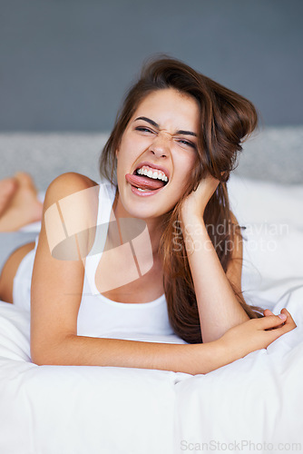 Image of Relax, silly and portrait of woman in bed, lazy and sleeping on soft mattress in bedroom of home. Wellness, health and female person comic in hotel room with cozy blanket or duvet, pillow and sheets