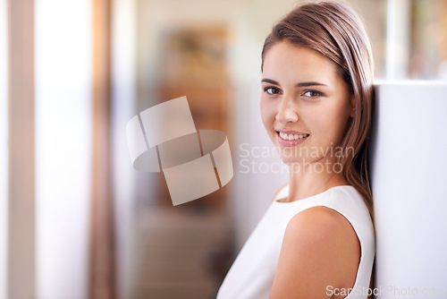 Image of Businesswoman, smile and confident in portrait at house for startup company as real estate agent in Canada. Female person, entrepreneur and happy with property and sales for realtor home on market