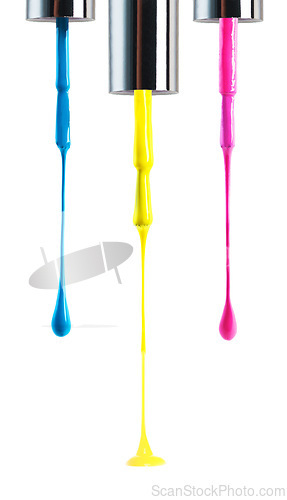 Image of Neon, color and drip for product, nail art and cosmetic with white backdrop for manicure, beauty and paint. Bold and outstanding for liquid or acrylic for pedicure, gel and vibrant for shine