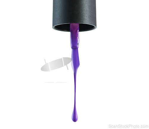 Image of Nail polish, purple and drop drip in studio for manicure or pedicure, art or design and liquid application for beauty. Closeup, cosmetic product and brush for color or coating on white background.