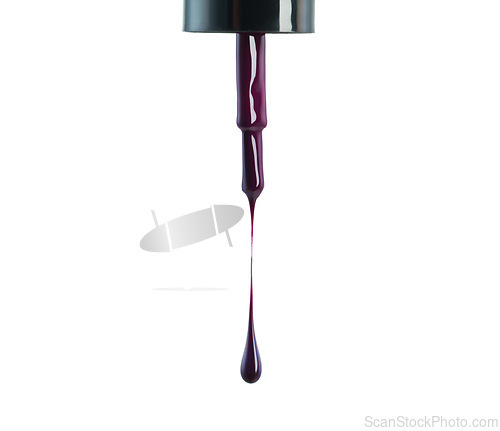 Image of Nail polish, violet and drop drip in studio for manicure or pedicure, art or design and liquid application for beauty. Closeup, cosmetic product and brush for color or coating on white background.