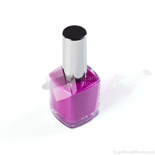 Image of Nail, polish or bottle in beauty, cosmetics or product art as elegant, manicure or pedicure. Stylish aesthetic, cosmetology or color paint in fashionable, glass and container on white background