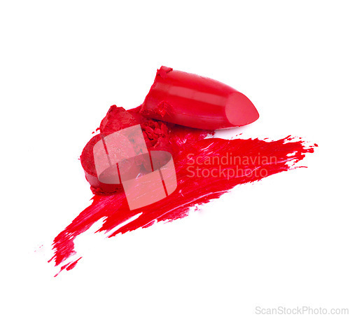 Image of Smeared, studio and isolated red lipstick, makeup and cosmetics on white background. Trendy, bright colour for creative beauty with artistic pieces with texture smudged in beautiful vibrant product