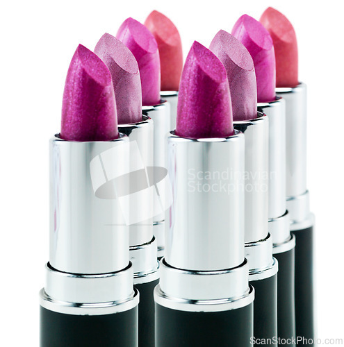 Image of Lipstick, gloss and range of product for makeup, beauty and cosmetics isolated on white background for creativity. Abstract, tools or set of rouge for art, color or application for makeover in studio