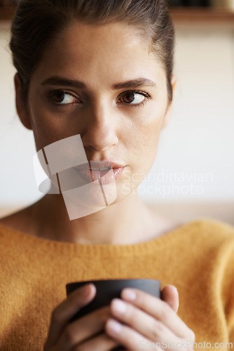 Image of Woman, thinking and coffee in morning at home to start planning schedule for future holiday. Person, drink and relax on calm vacation with green tea and remember ideas for day in hotel or house