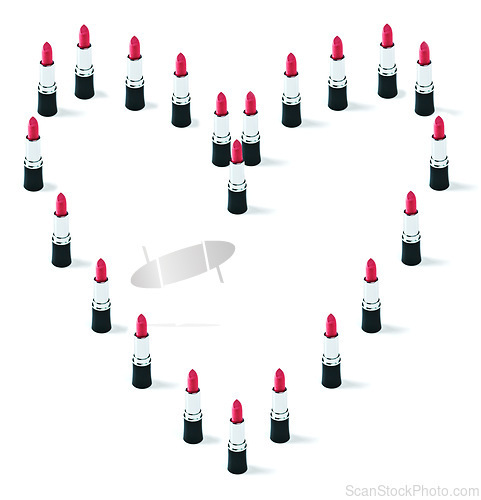 Image of Makeup, studio and red color lipstick in heart shape and love display on white background for cosmetics. Choice, beauty product and care symbol in trends collection and lip gloss for valentines day