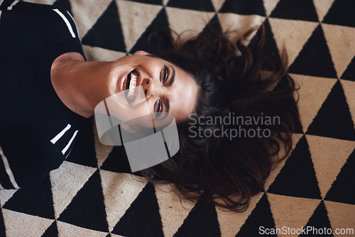 Image of Woman, lying or laugh in beauty, fashion and designer style as monochrome, abstract or aesthetic. Smile, female person and glow as luxury, pattern or texture of fabric in retro, vintage or above