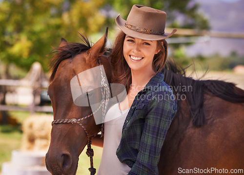 Image of Woman or cowgirl, portrait and horse on farm to train or feed and grooming for animal or pet care. Person, stallion and outdoors to ride together in countryside in Texas for rural life and adventure.