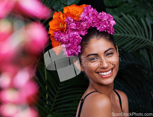 Image of Portrait, smile and woman with flower crown for beauty, organic skincare and dermatology in tropical jungle. Exotic, nature and Spanish person with happiness for sustainable, cosmetics and wellness