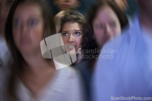 Image of Woman, crowd and social anxiety in stress with fear, worried and panic with nervous, overthinking and phobia. Trapped, female person and scared as introvert in conference with people and insecure