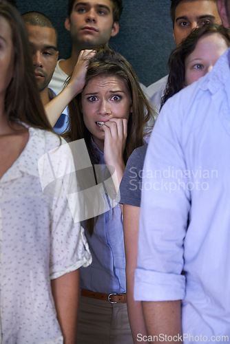 Image of Woman, people and social anxiety in stress with fear, worried and panic with nervous, overthinking and phobia. Fear, female person and scared as introvert with frustration in crowd and insecure