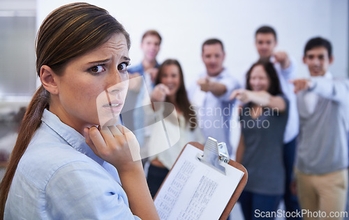 Image of Woman, business and anxious in meeting, mental health and bully in office by staff and coworkers. Female person, anxiety and clipboard for embarrassment, career and toxic workplace and stress