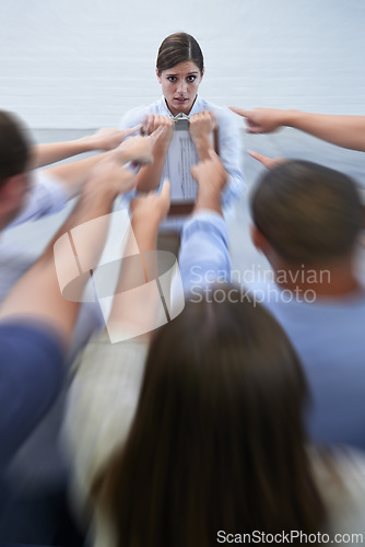 Image of Woman, finger pointing and anxiety at work with coworker doubt in fear, scared and anxious. Female person, supervisor and worried with blame from colleague at office with stress for deadline.