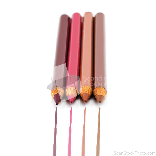 Image of Cosmetics, makeup and color with lip liner, tool and example of results for beauty on white background. Studio, aesthetic and pencil for drawing to outline, art and set for choice of application