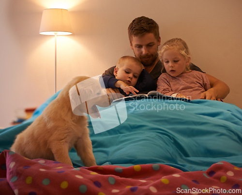 Image of Dog, kids or father reading book in bed for learning, education or storytelling at home at night. Family, relax or dad with children siblings for a fun fantasy with a pet puppy or golden retriever