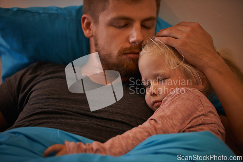 Image of Girl child, bed or father sleeping for calm peace or dream to relax in a family home with support or love. Dad, hug and tired single parent on break in bedroom nap for resting at night in a house