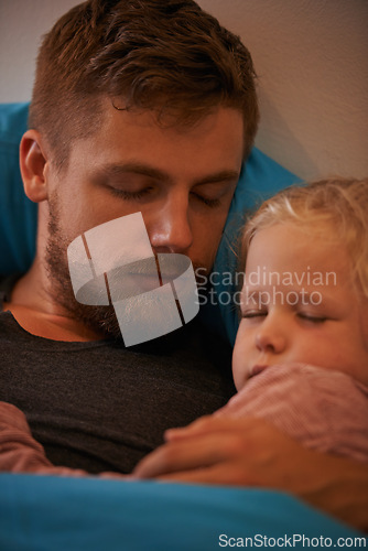 Image of Girl child, bed or dad sleeping for calm peace or dream to relax in a family home with support or love. Father, hug and tired single parent on break in bedroom nap for resting at night in a house