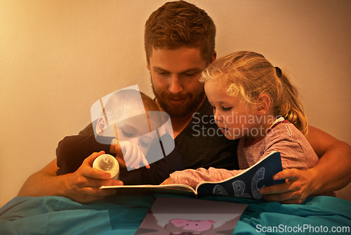 Image of Night, kids or dad reading book in home for learning, education or storytelling in bedroom for care. Family, relax or father with children siblings for a fantasy with a girl, boy or support for love