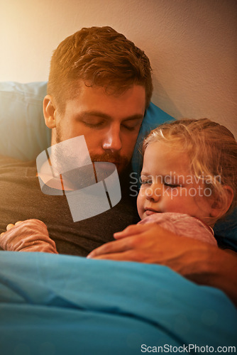 Image of Child, hug or dad sleeping in bed for calm peace or dream to relax in a family home with support or love. Father, girl and tired single parent on break in bedroom nap for resting at night with a kid