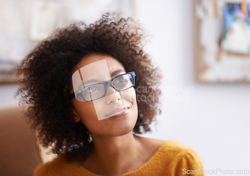 Image of Thinking, calm and relax woman in home lounge, smile and eyewear for happy lady. Apartment, dreaming or wondering with hope for African women person, ideas and possibilities in living room of house