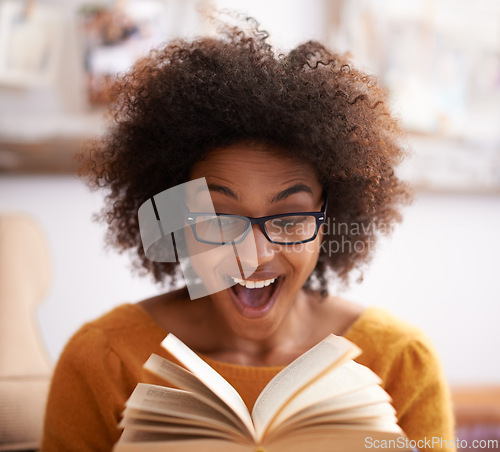 Image of Book, excited and happy woman in home lounge, reading and shocked expression. Pages, relax and novel or fiction for female reader with glasses, literacy or knowledge for hobby and surprise story line