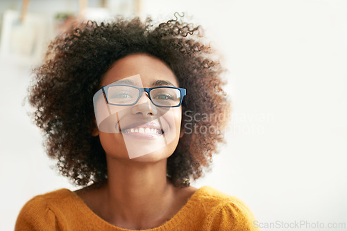 Image of Portrait, smile and relax woman in home lounge, happy and eyewear for proud lady. Head, confidence and eye wear with mock up space for female person from London, positive in living room or apartment