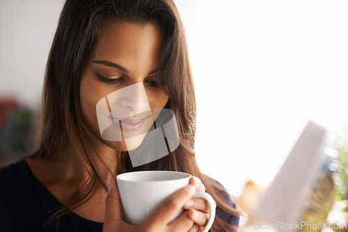 Image of Face, woman and home with coffee in smile for break with leisure in happiness, satisfied and self care. Closeup, female person and house with cup in morning to relax for positive mind and enjoy