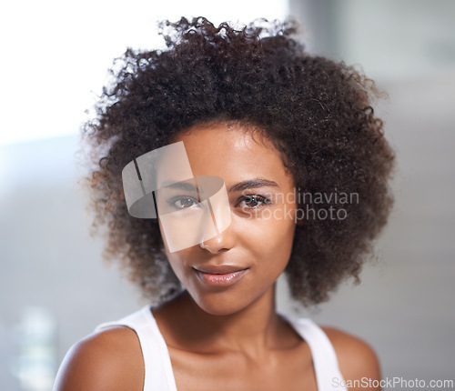 Image of Face, black woman and skincare with treatment for confidence on routine for natural look and satisfied. Portrait, female person and glow with self care for wellness, soft and smooth with cosmetics