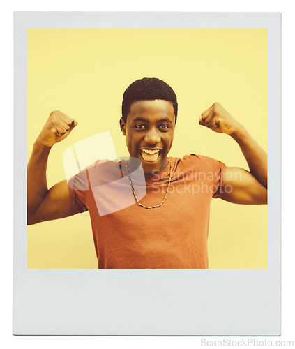 Image of Black man, excited and happy with flex for muscle strength, energy and training success on yellow background. African person, smile and with celebration for health, biceps and pride with progress