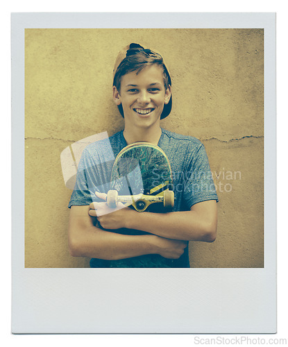 Image of Portrait, skateboard and happy teenager on a wall background for sports, polaroid or fashion picture in Australia. Cap, skater and smile of young boy with a hat for instant photograph on mockup space