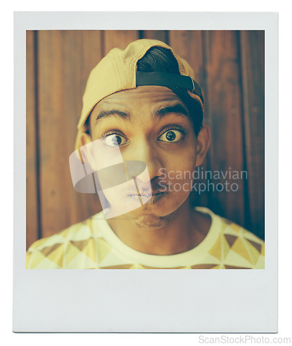 Image of Portrait, funny face and teenager in home with picture at apartment with wood background in India. Cap, goofy and silly young boy with a hat in house with comic facial expression for photo on mockup