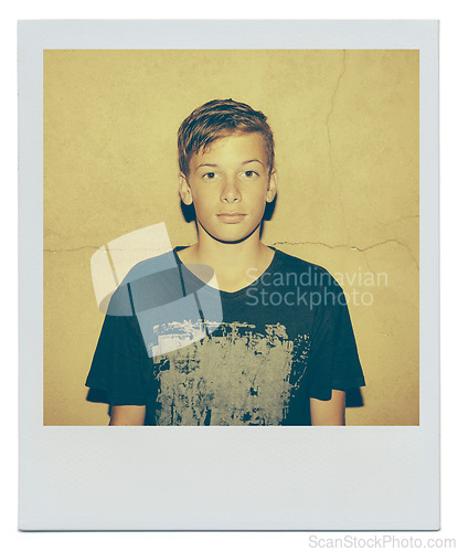 Image of Portrait, teenager and boy by wall with serious face for polaroid, cool and relax with confidence. Youth, kid face of young person with tshirt for summer, lifestyle and alone on yellow background