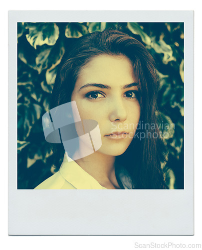 Image of Portrait, serious and woman in nature outdoor for vacation, holiday and summer. Face, confidence and young girl in garden or park with green leaves for instant photograph on mockup space in Spain