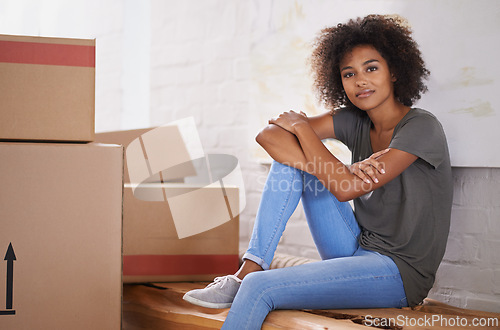 Image of Moving, woman and portrait with new home, box and package for real estate property and courier parcel. Cardboard, delivery and African female person with packing in a house with a relax homeowner