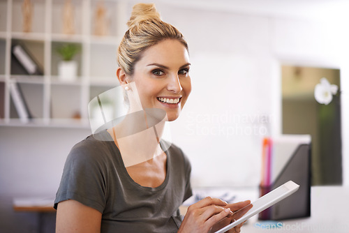 Image of Office, tablet and portrait of business woman for website, networking and internet for startup career. Creative agency, laptop and person with digital tech for planning, research and social media