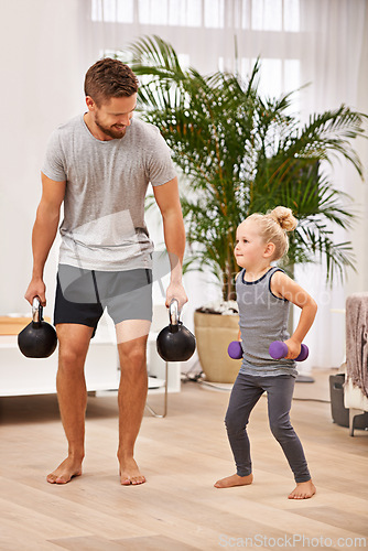 Image of Man, girl kid and weightlifting for fitness, father and daughter spending time together for love in living room. Dumbbells, kettlebell and muscle training with exercise and bonding at family home