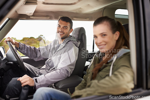 Image of Couple, man and portrait on road trip with travel for adventure, vacation and anniversary getaway with happiness in nature. Woman, car and driving in vehicle for holiday journey, tourism or honeymoon