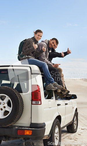 Image of Road trip, people and thumbs up on jeep, portrait and route for sightseeing and driving adventure in nature. Friends, traveller and happy face on holiday by blue sky, journey and leisure on vehicle
