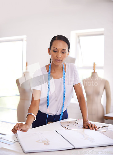 Image of Woman, fashion designer and clothing drawing for creative manufacturing in small business, sewing or boutique. Female person, pattern and tape measure in studio for production, textile or retail