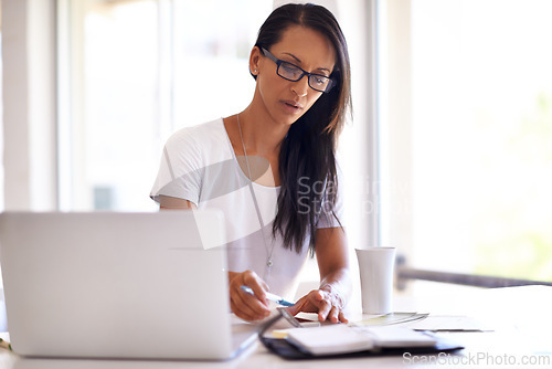 Image of Business, laptop and woman planning a schedule with planner or information in notebook at office. Entrepreneur, thinking or writing agenda in diary or journal on desk with ideas for startup strategy