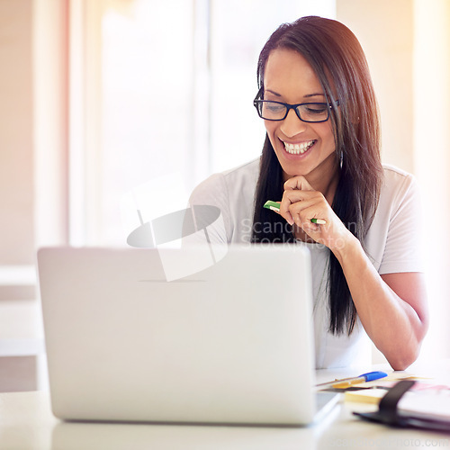 Image of Happy, woman and reading email on laptop and planning with research information in notebook. Entrepreneur, excited or writing communication online with diary or journal on desk and ideas for startup