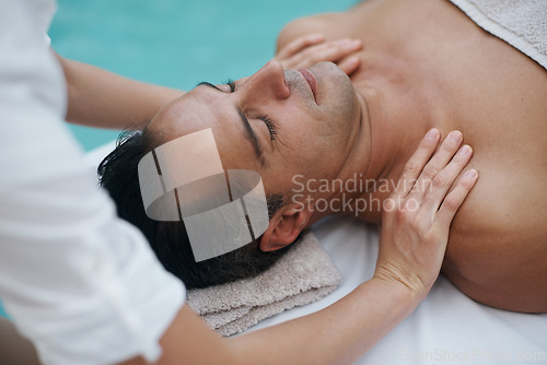 Image of Spa, man and hands with massage for skincare at resort, luxury hotel and vacation for relax and therapeutic pamper. People, masseuse and body care with shoulder treatment, hospitality and zen outdoor