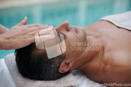 Image of Spa, man and face with massage for wellness at resort, luxury hotel and vacation for relax and therapeutic pamper. People, masseuse and body care with facial treatment, hospitality and zen outdoor